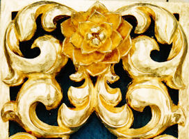 Gold leafed flower, ASU pipe shade carvings, Arizona State University, sculptor Jude Fritts
